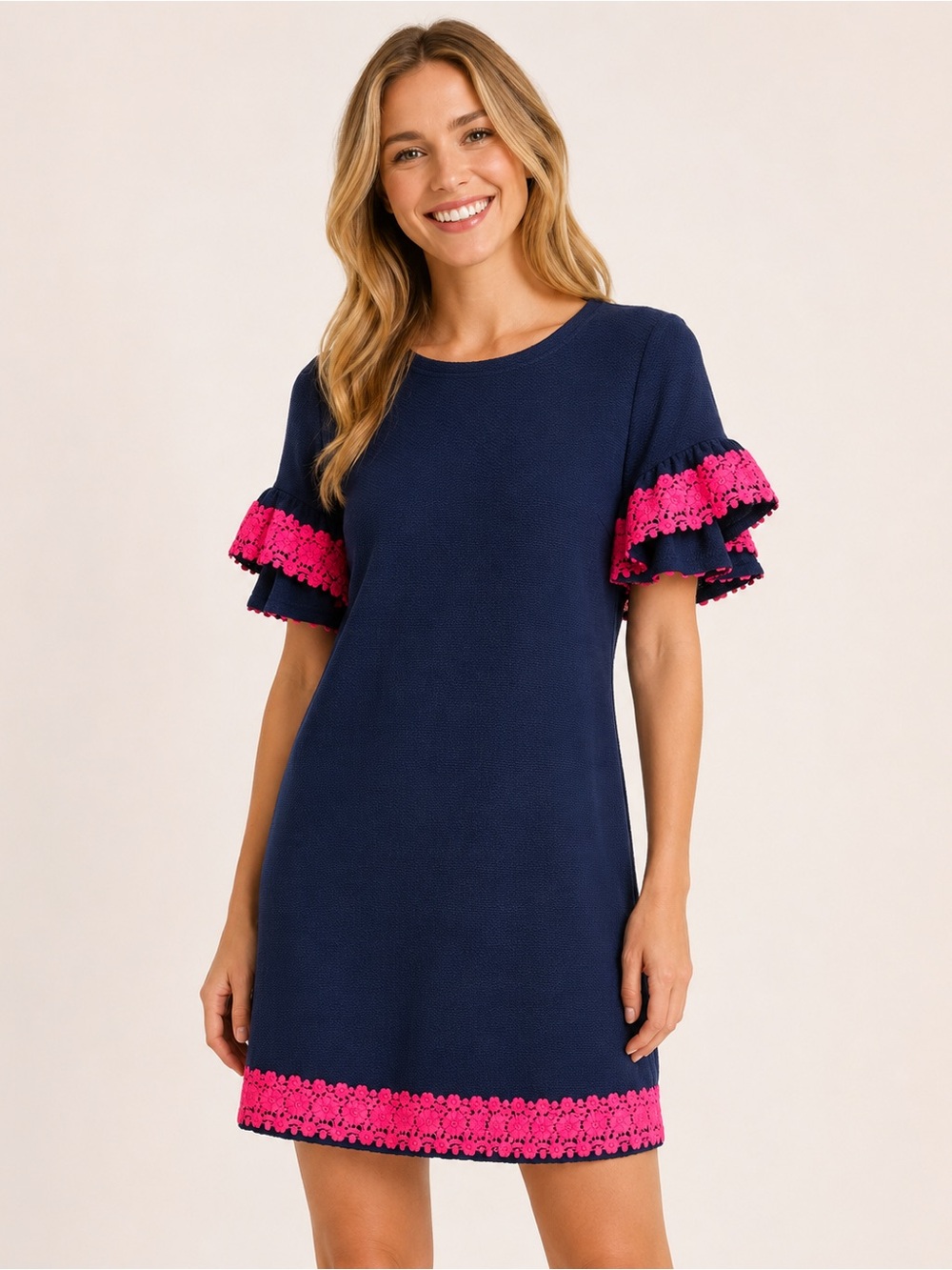 Sail To Sable Navy Pink Crochet Trim Shift Dress Size Medium